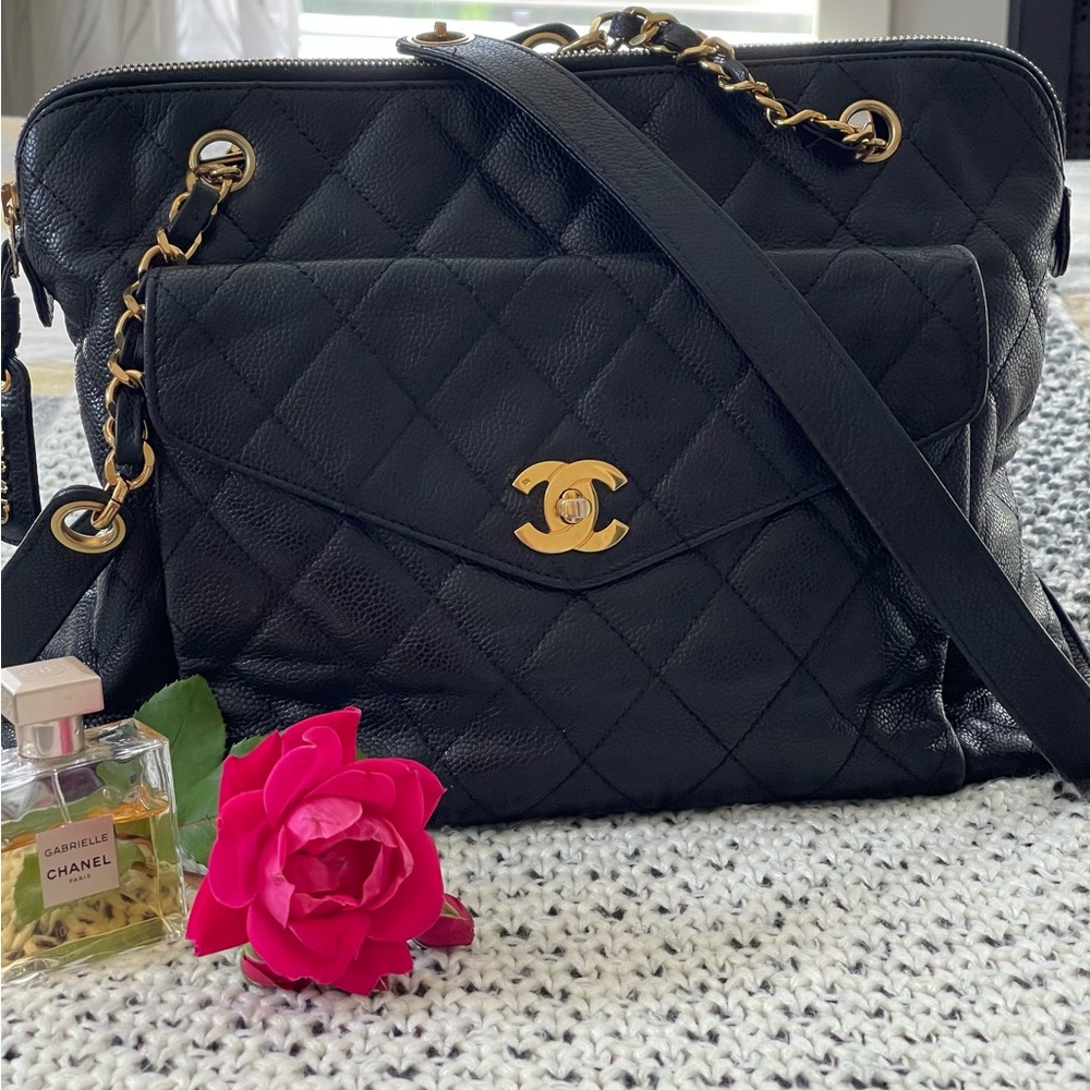 CHANEL Classic Front Pocket Medium Shoulder Tote Quilted Caviar Leather Bag